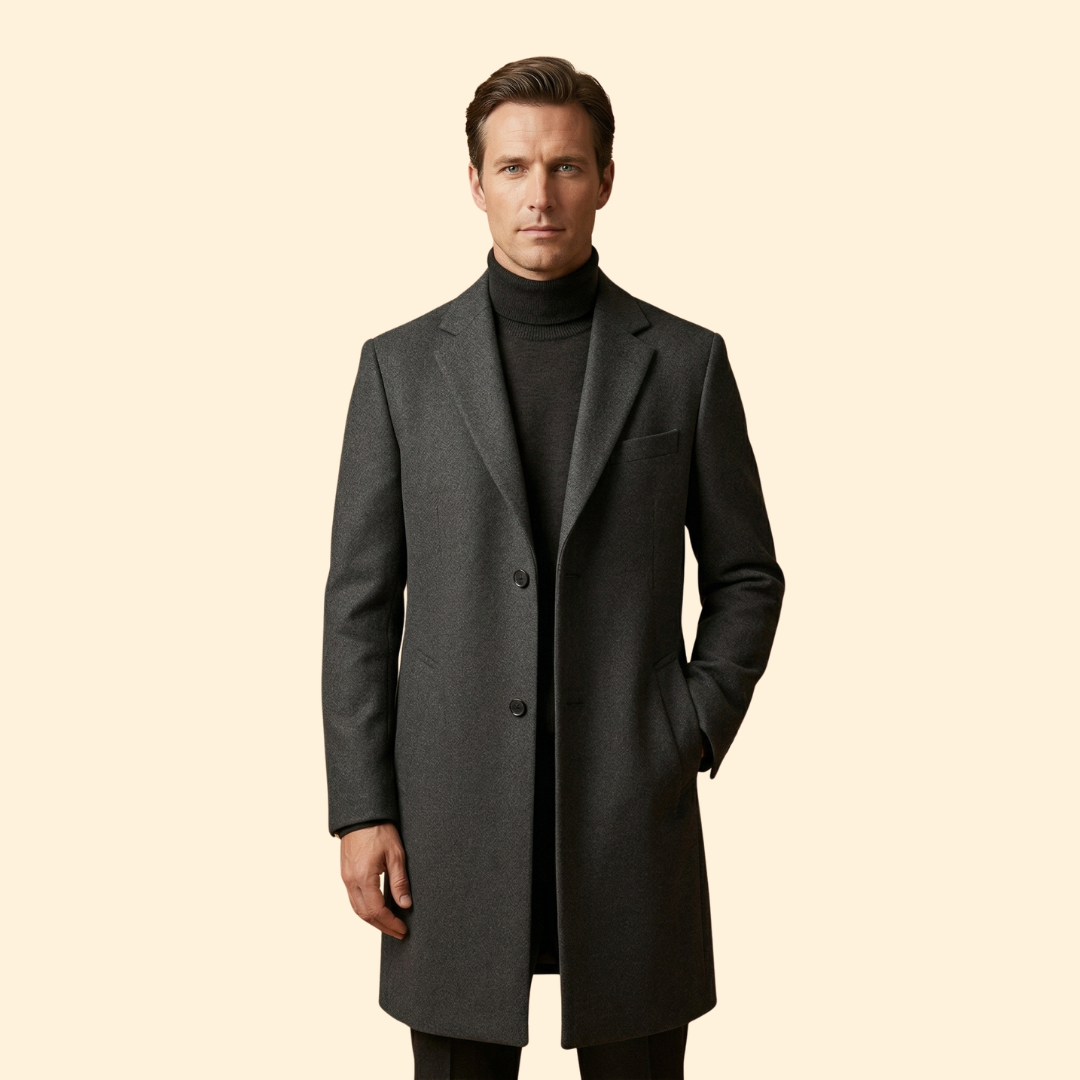 Men’s Long Overcoat with Front Button Closure