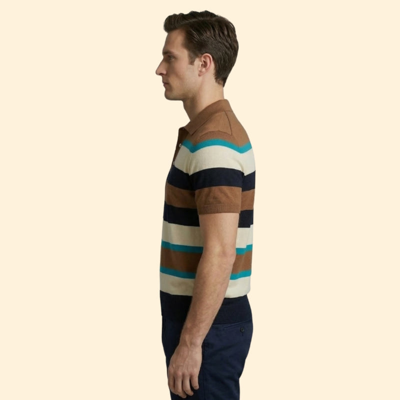 Men’s Short Sleeve Polo Shirt with V-Neck and Stripes