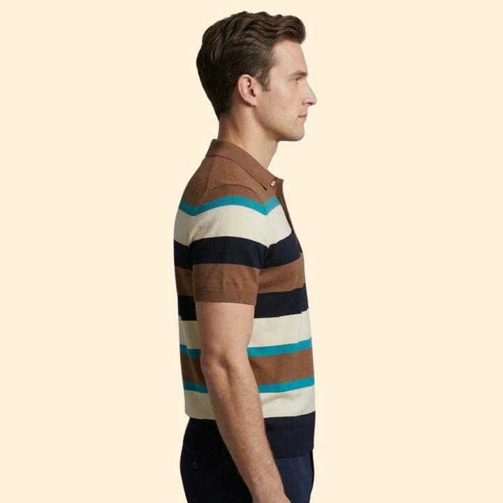 Men’s Short Sleeve Polo Shirt with V-Neck and Stripes