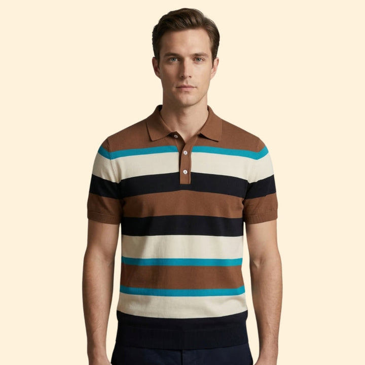 Men’s Short Sleeve Polo Shirt with V-Neck and Stripes