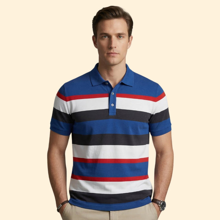 Men’s Short Sleeve Polo Shirt with V-Neck and Stripes
