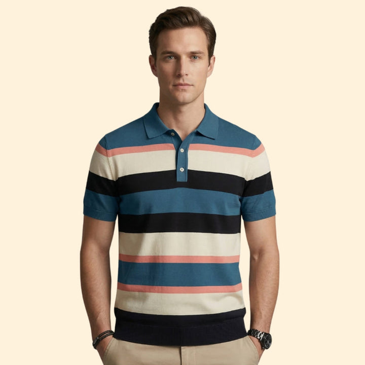 Men’s Short Sleeve Polo Shirt with V-Neck and Stripes