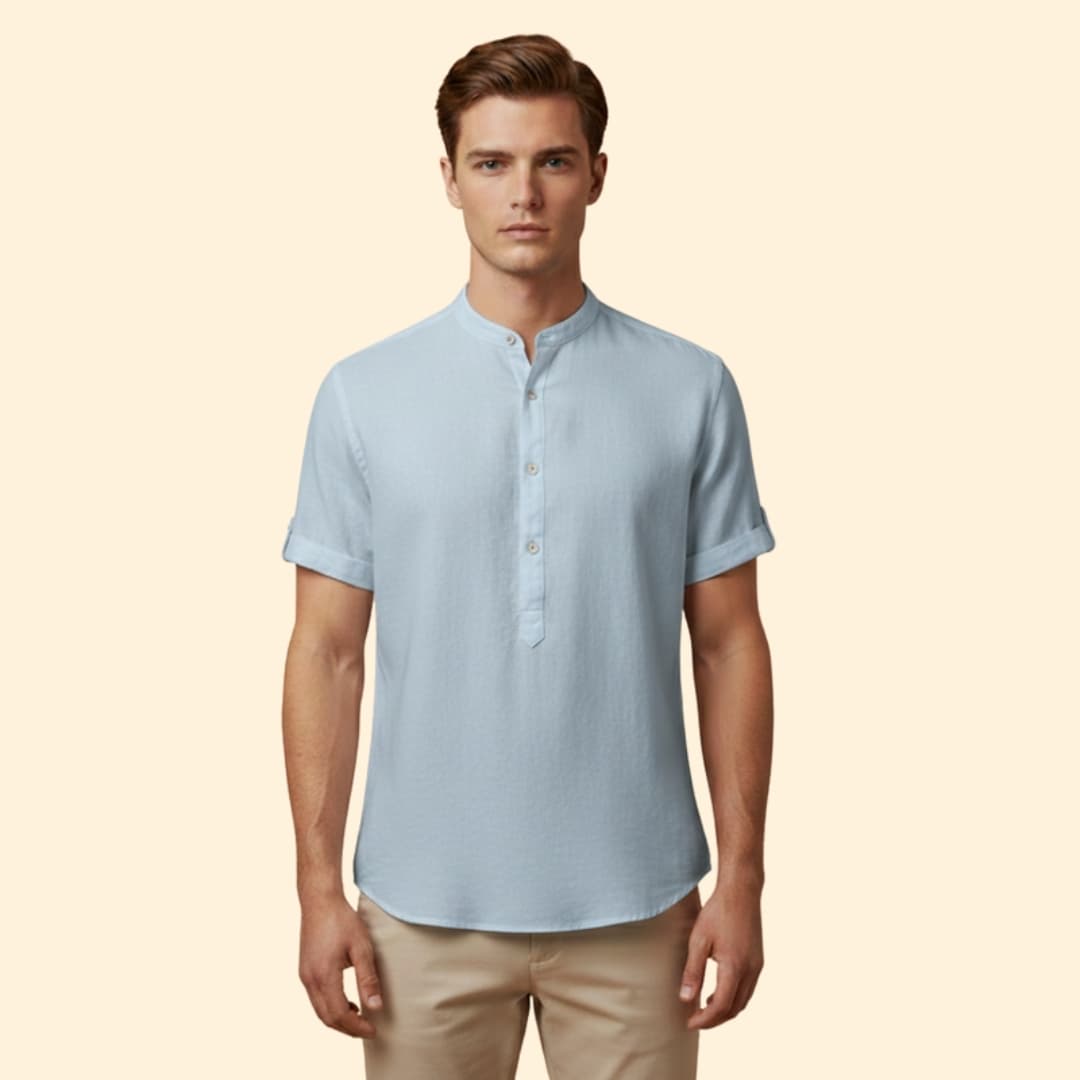 Men’s Short Sleeve Shirt with Stand-Up Collar