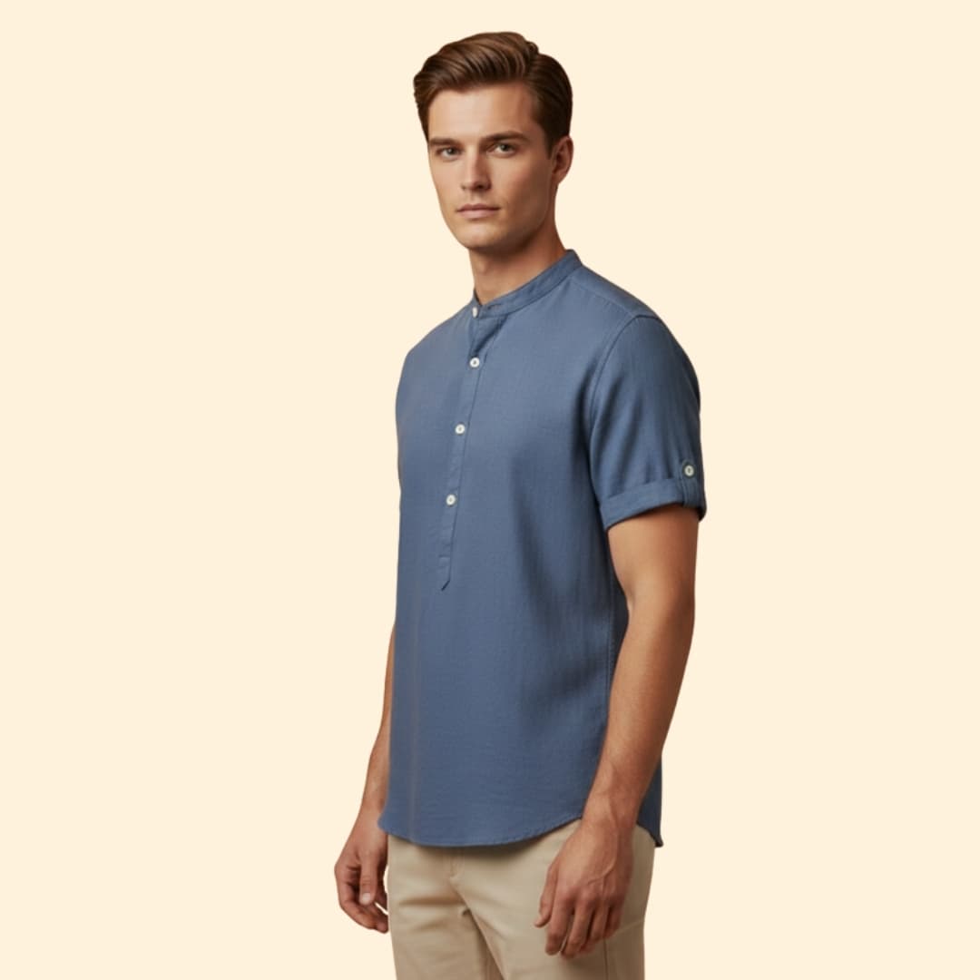 Men’s Short Sleeve Shirt with Stand-Up Collar