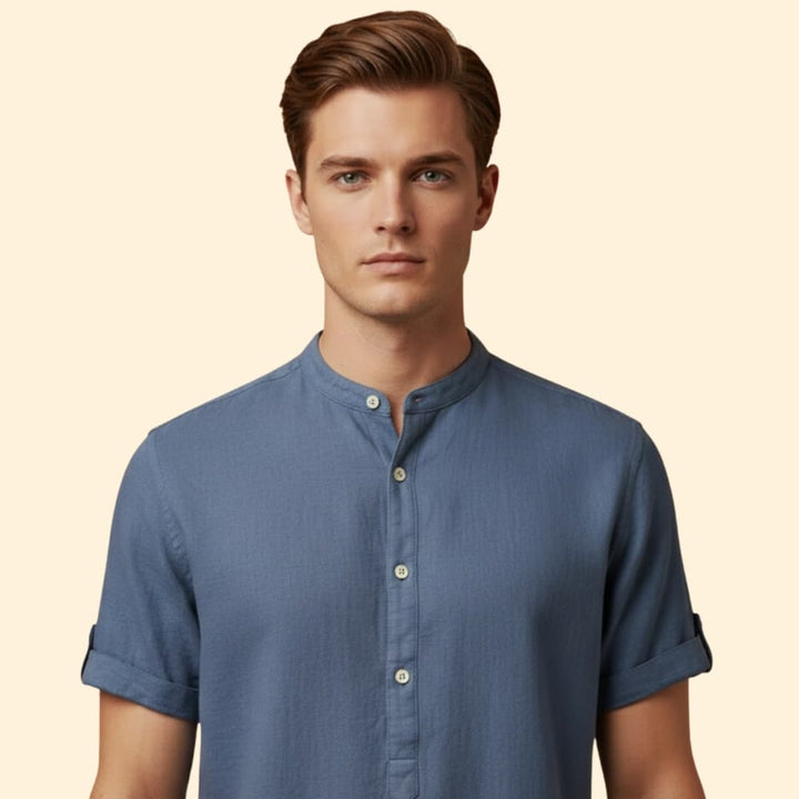 Men’s Short Sleeve Shirt with Stand-Up Collar