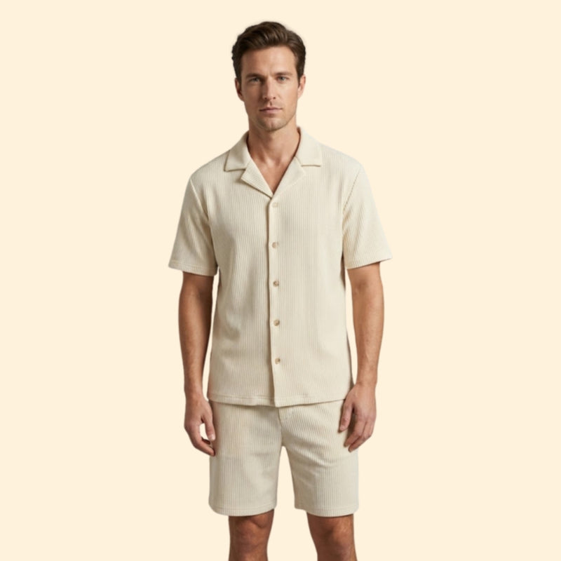 Men’s Striped Shirt and Shorts Set with Buttons