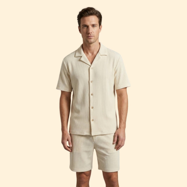 Men’s Striped Shirt and Shorts Set with Buttons