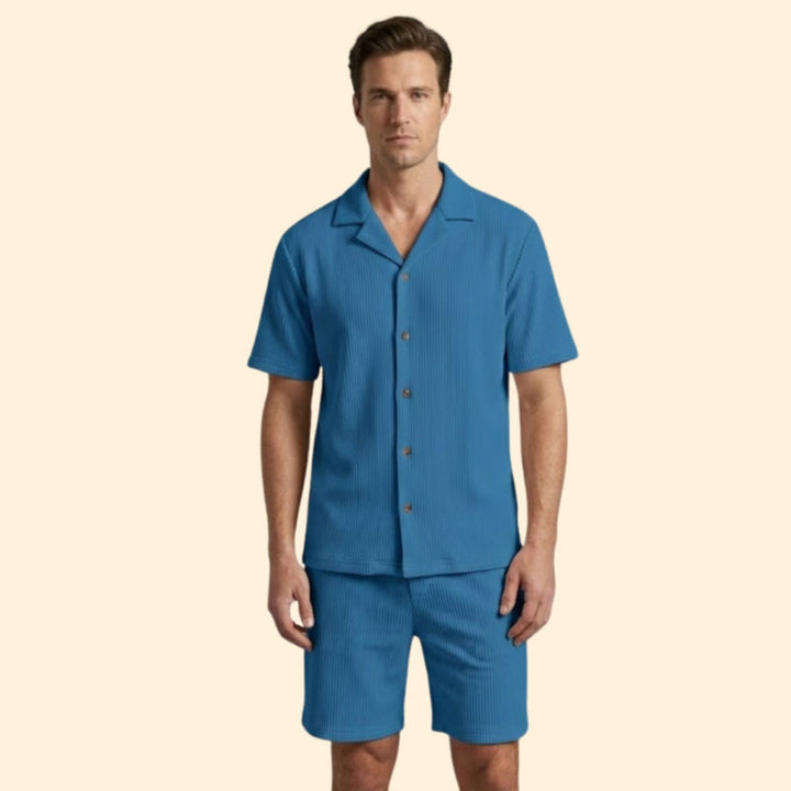 Men’s Striped Shirt and Shorts Set with Buttons