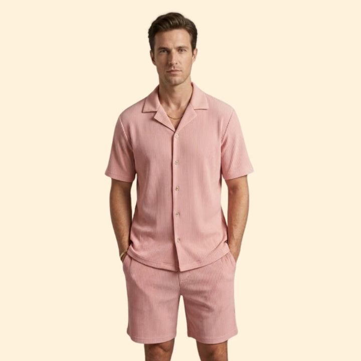Men’s Striped Shirt and Shorts Set with Buttons