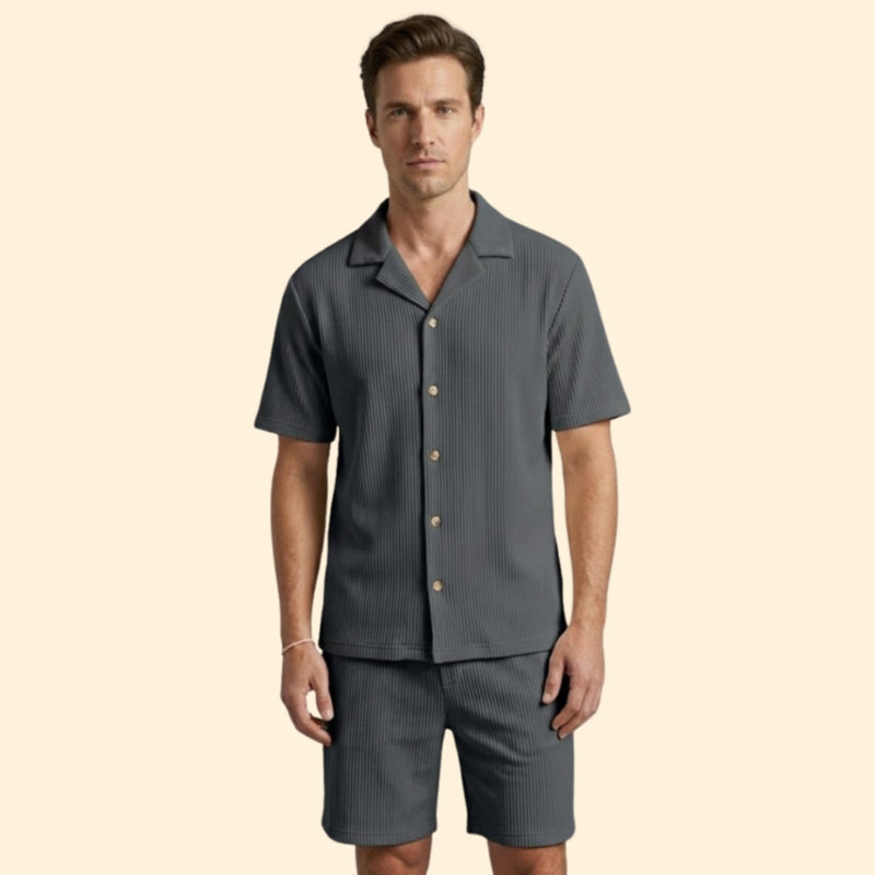 Men’s Striped Shirt and Shorts Set with Buttons
