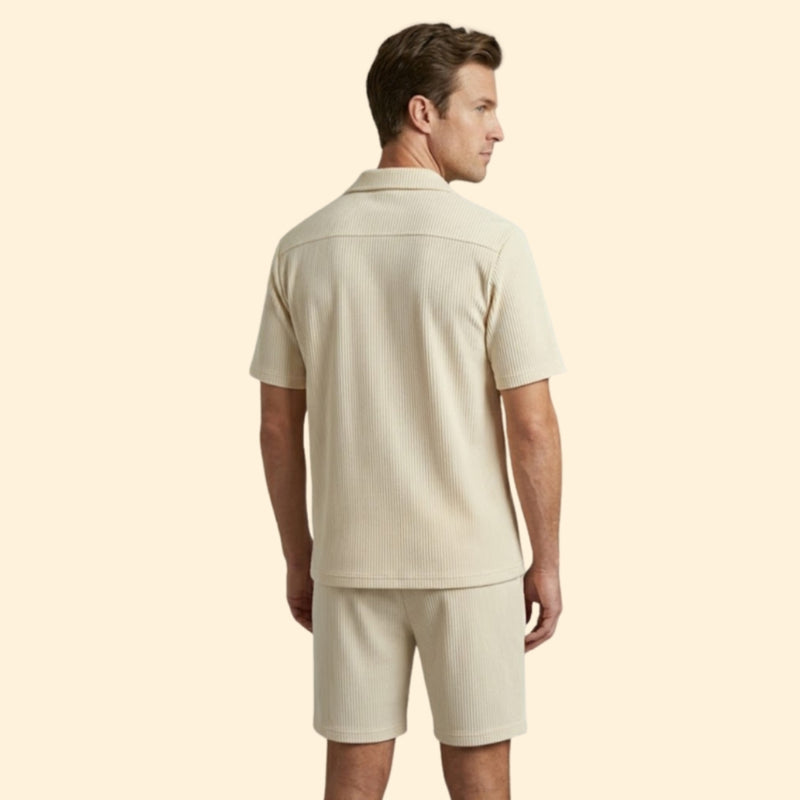 Men’s Striped Shirt and Shorts Set with Buttons