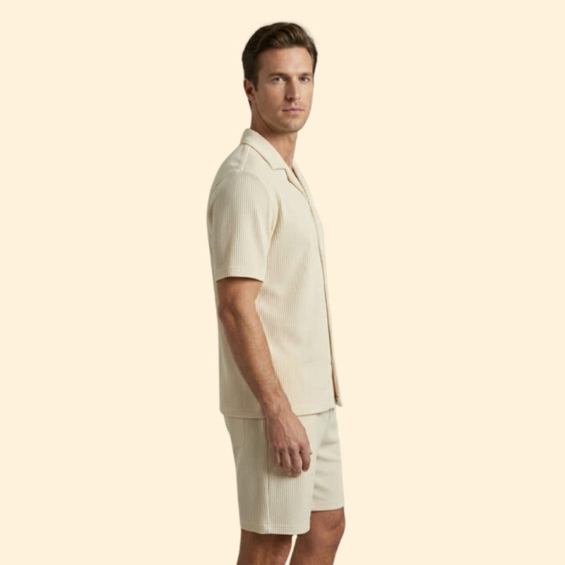 Men’s Striped Shirt and Shorts Set with Buttons