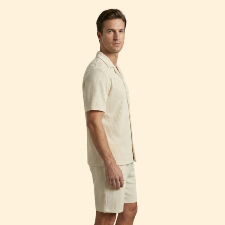 Men’s Striped Shirt and Shorts Set with Buttons