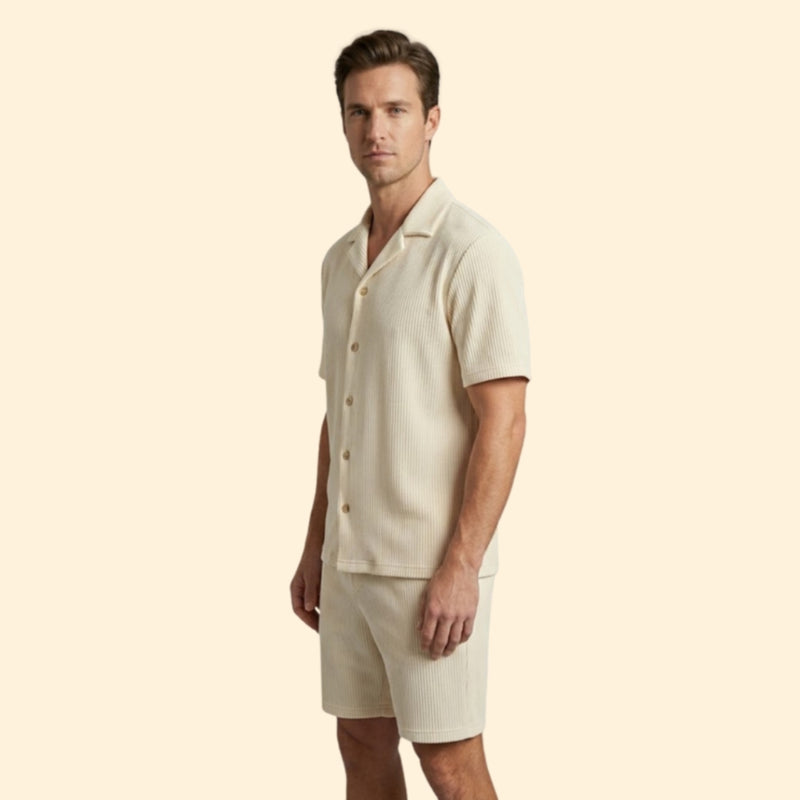 Men’s Striped Shirt and Shorts Set with Buttons