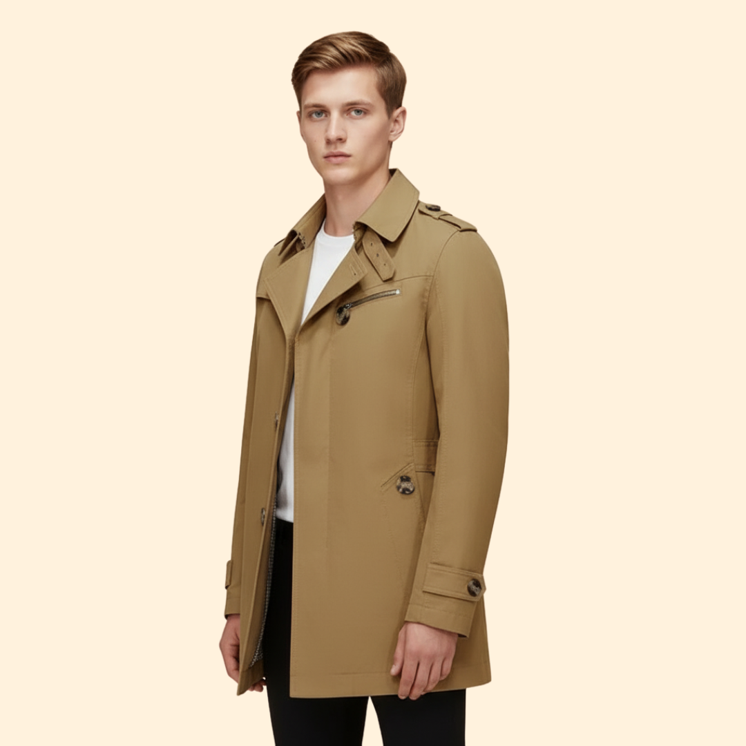 Men’s Trench Coat with Buckled Cuff Design