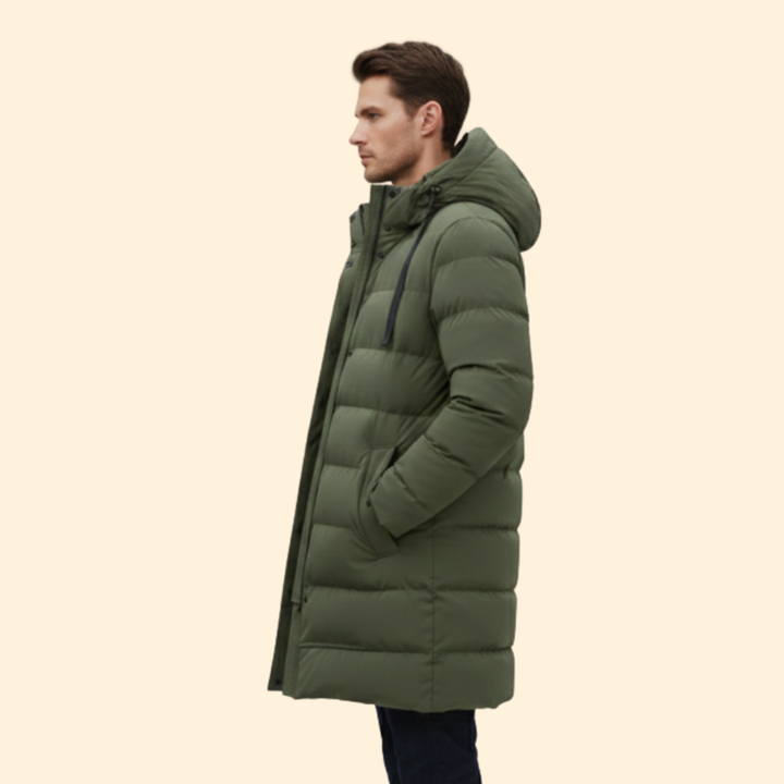 Men’s Long Quilted Coat with Hooded Design