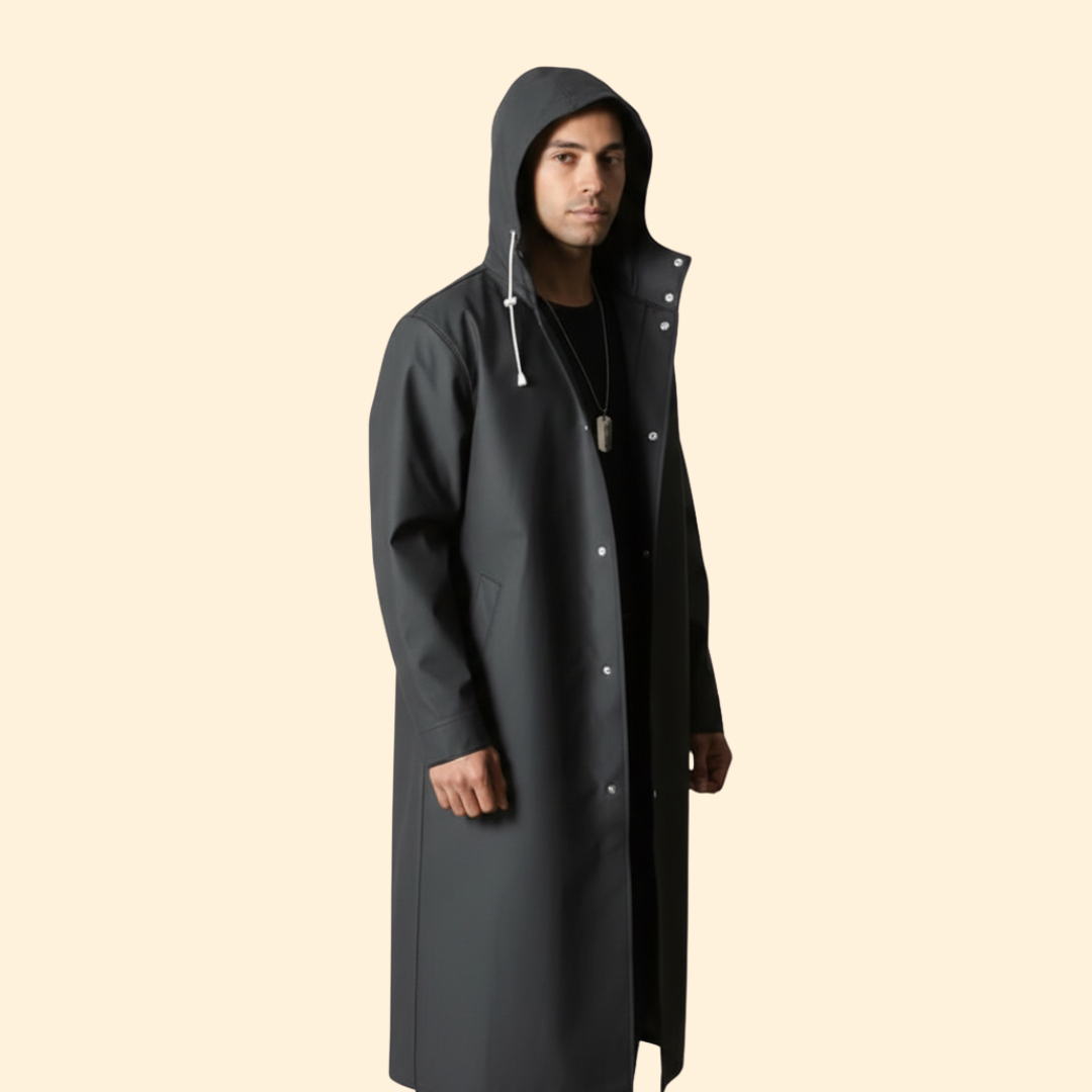 Men’s Long Raincoat with Drawstring Hood