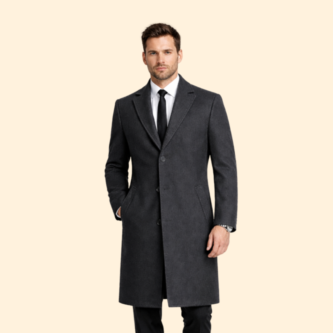 Men’s Long Wool Coat with Button Closure