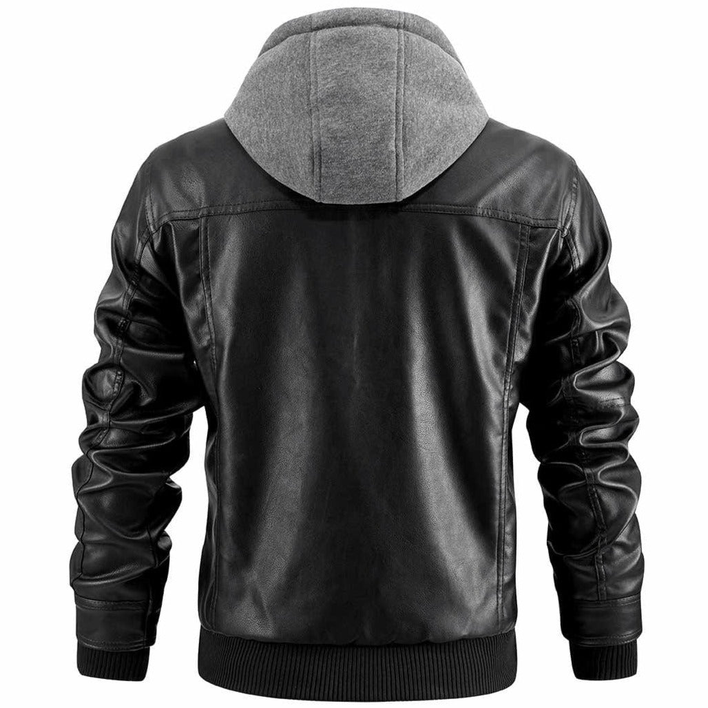 Men's Hooded Leather Jacket with Front Zip Pockets