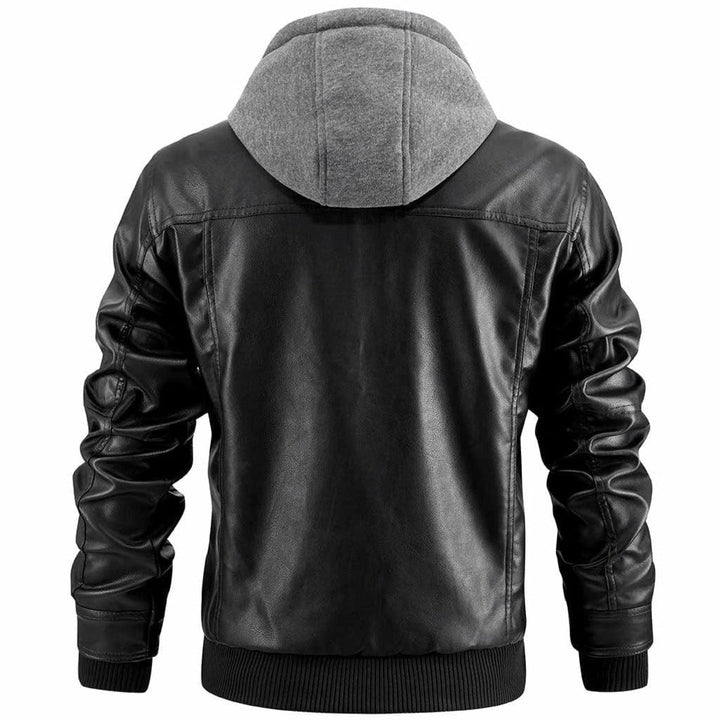 Men's Hooded Leather Jacket with Front Zip Pockets