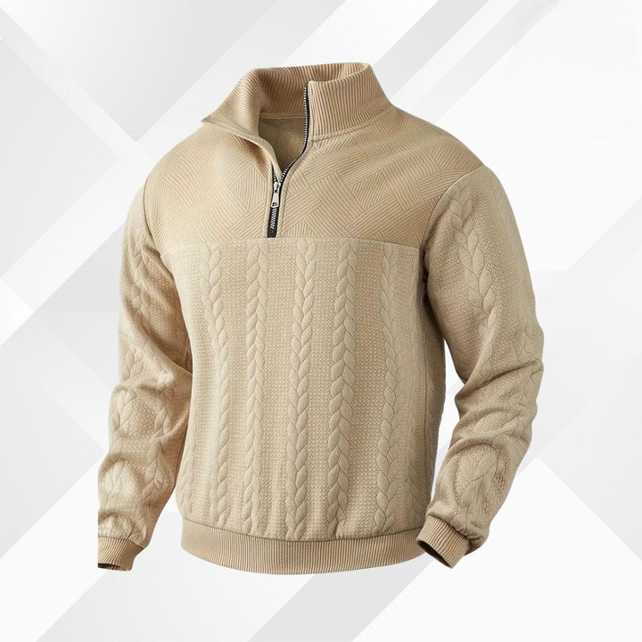 Men's Cable-Knit Half-Zip Pullover with Geometric Texture
