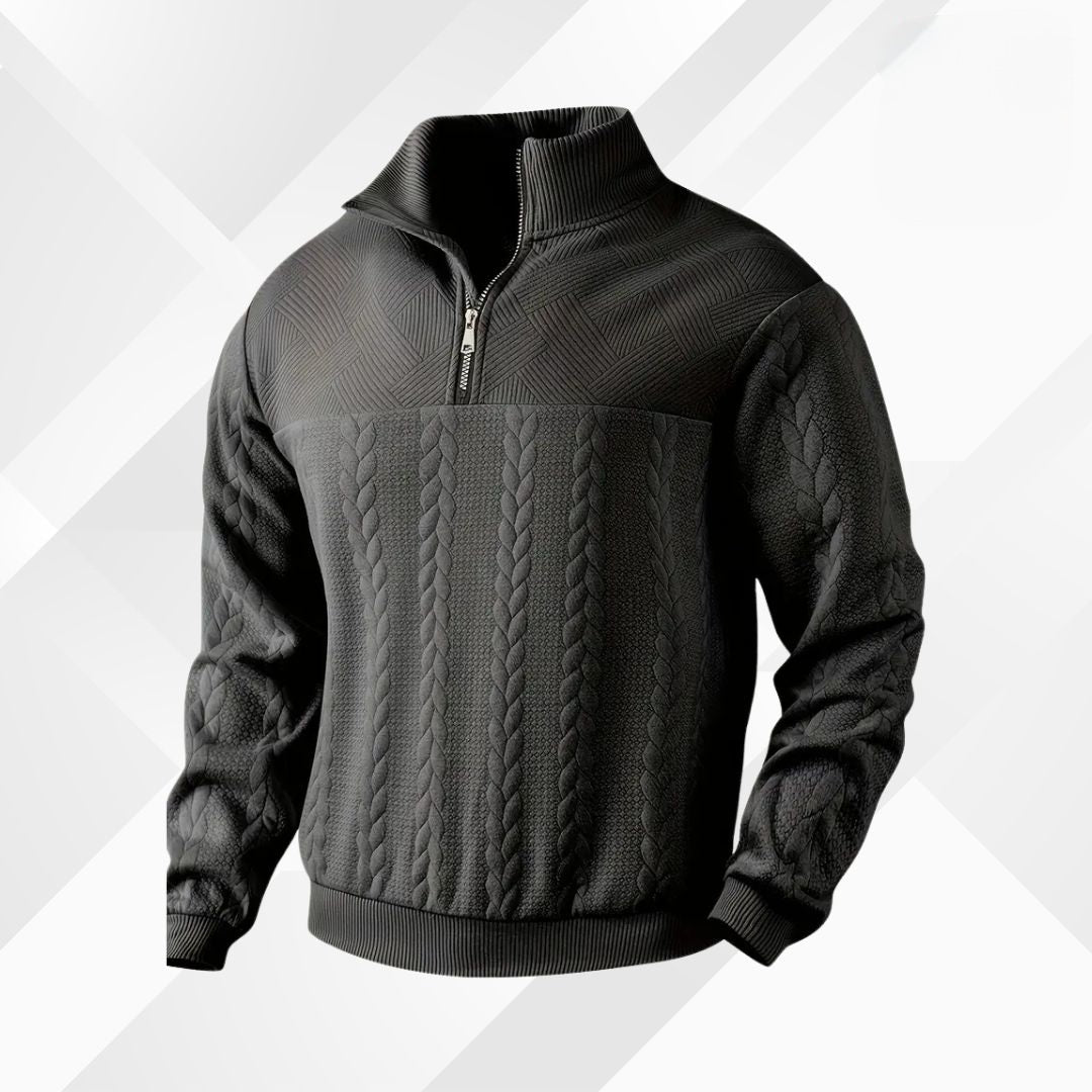 Men's Cable-Knit Half-Zip Pullover with Geometric Texture