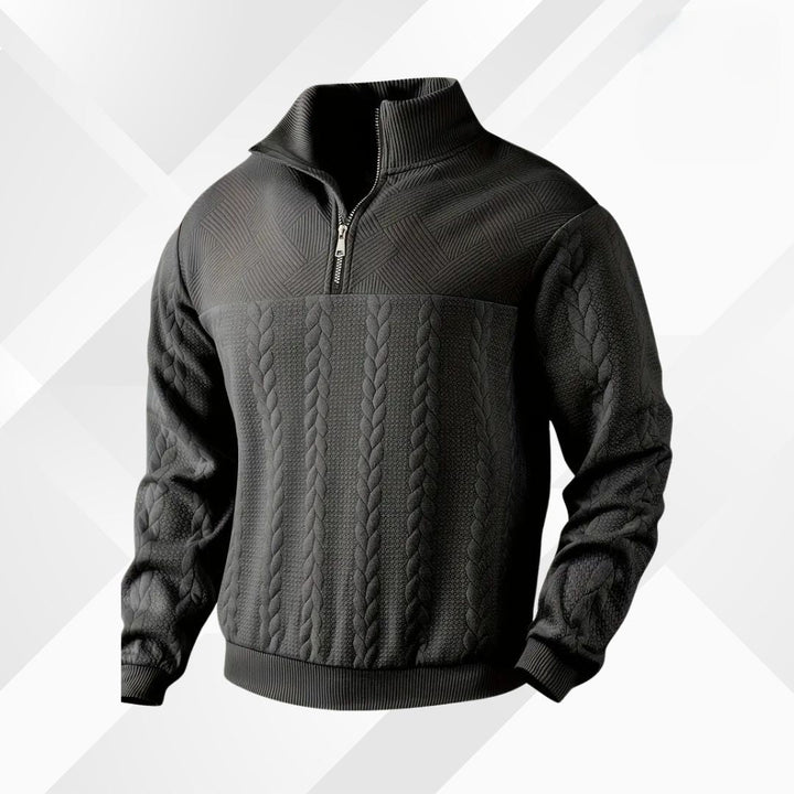 Men's Cable-Knit Half-Zip Pullover with Geometric Texture