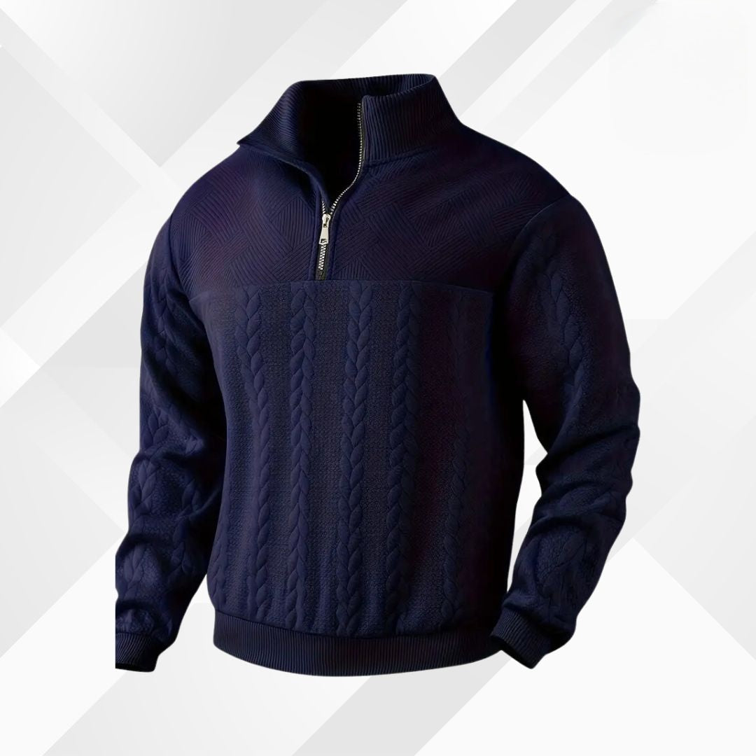 Men's Cable-Knit Half-Zip Pullover with Geometric Texture