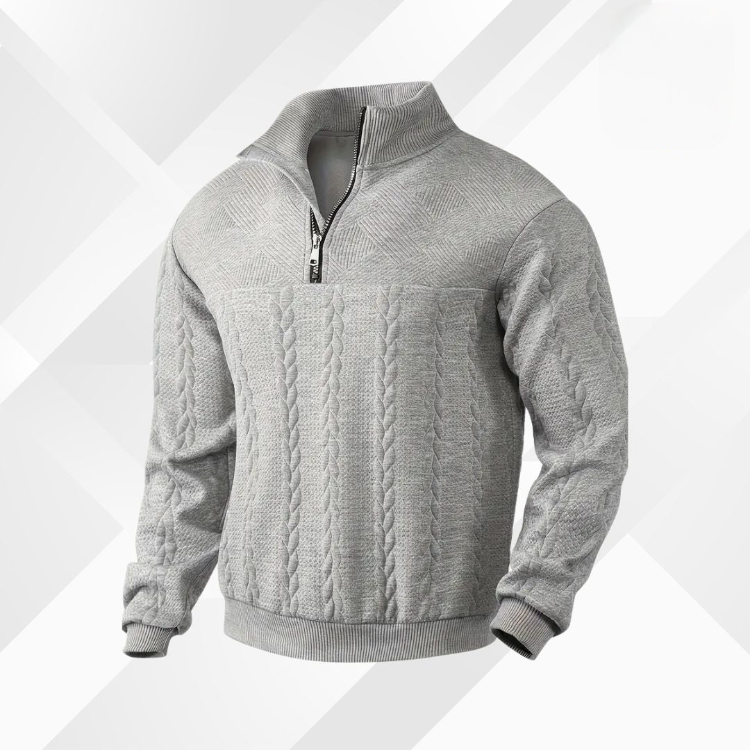 Men's Cable-Knit Half-Zip Pullover with Geometric Texture