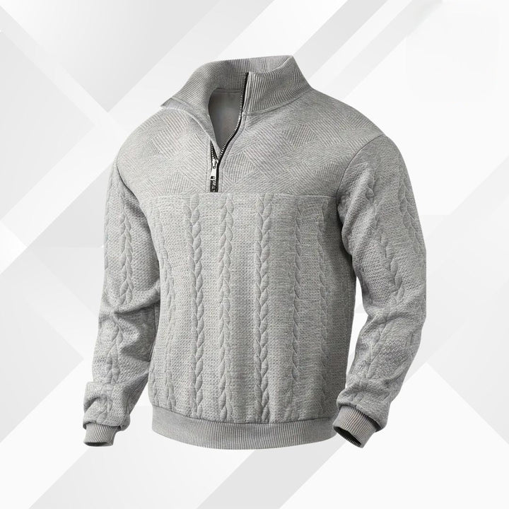 Men's Cable-Knit Half-Zip Pullover with Geometric Texture