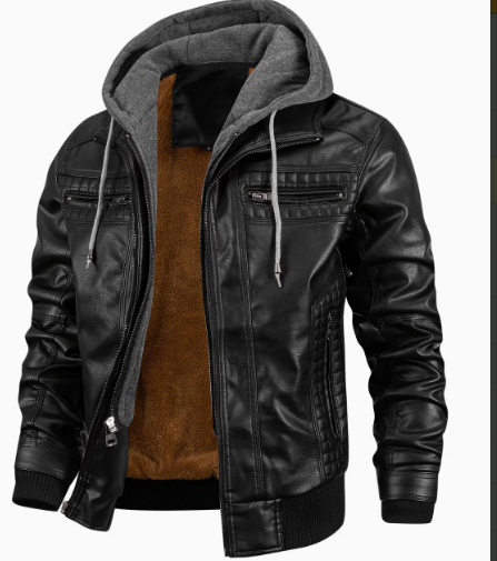 Men's Hooded Leather Jacket with Front Zip Pockets