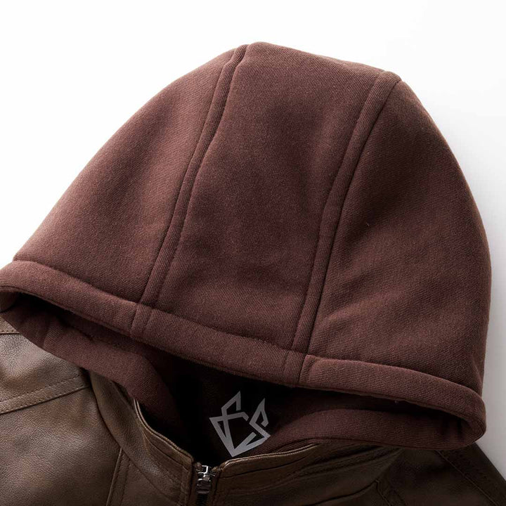 Men's Hooded Leather Jacket with Front Zip Pockets