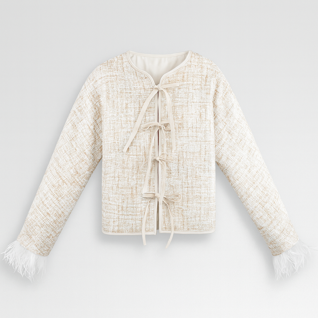 Beige bows and feather-trim cuffs, displayed on a white background.