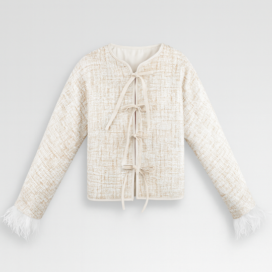 Beige bows and feather-trim cuffs, displayed on a white background.