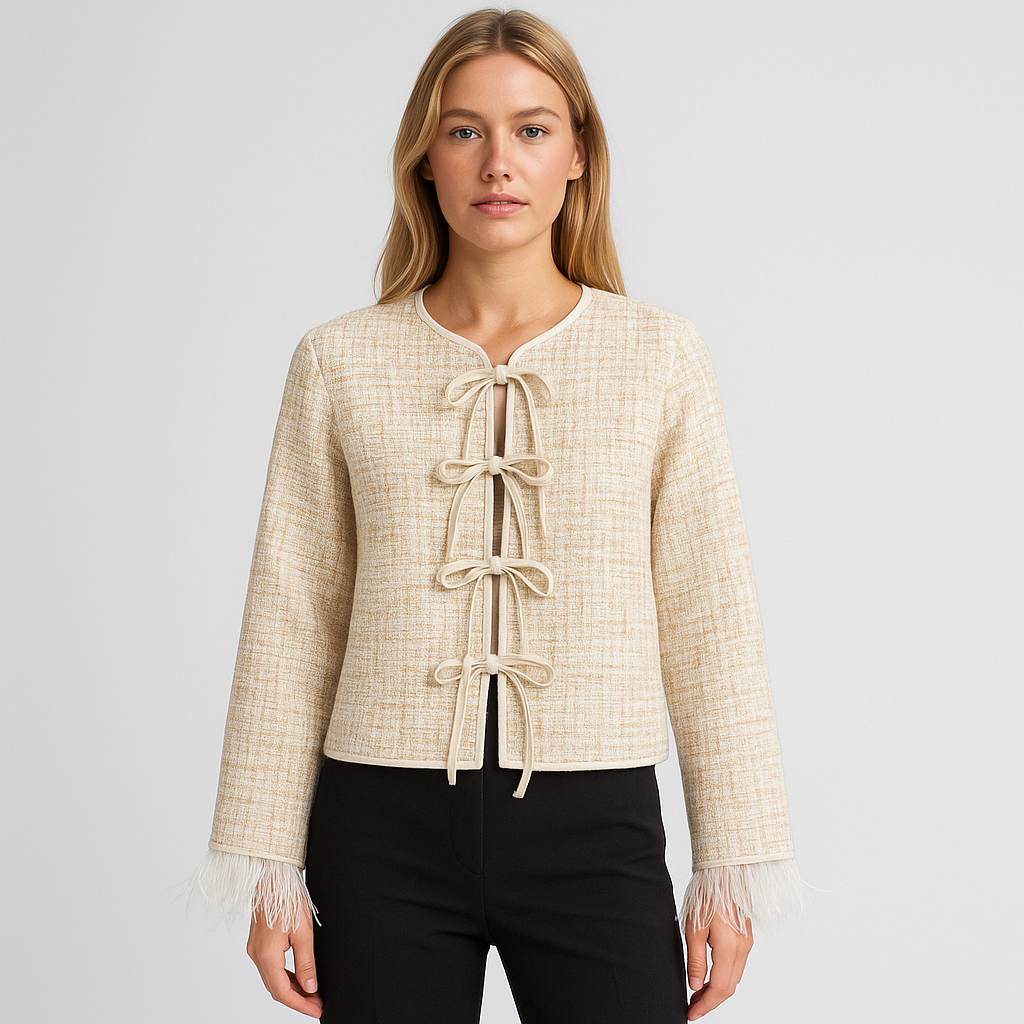 Beige bows and feather-trim cuffs, displayed on a white background.