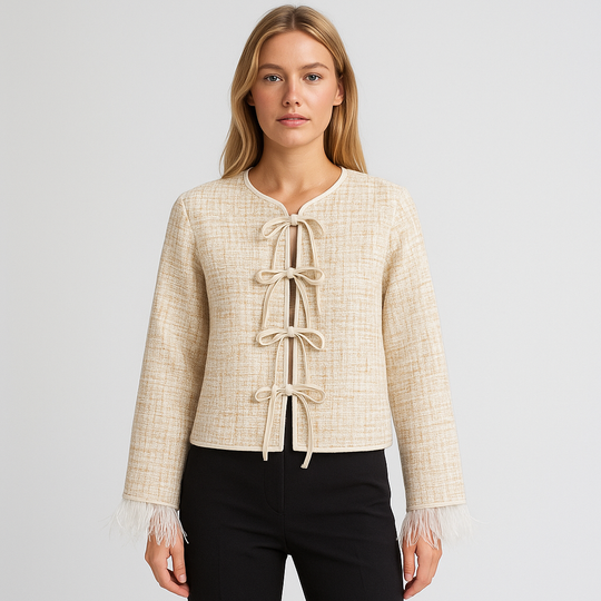 Beige bows and feather-trim cuffs, displayed on a white background.