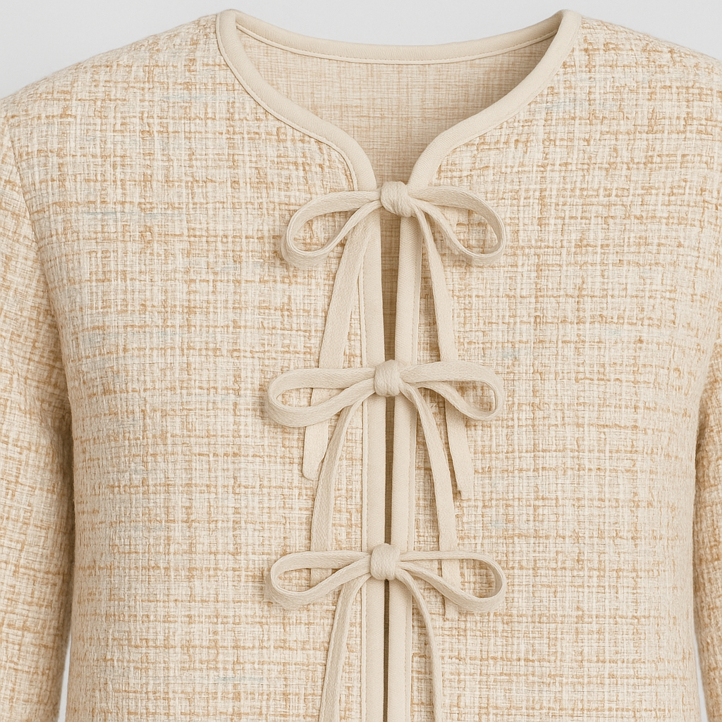 Beige bows and feather-trim cuffs, displayed on a white background.