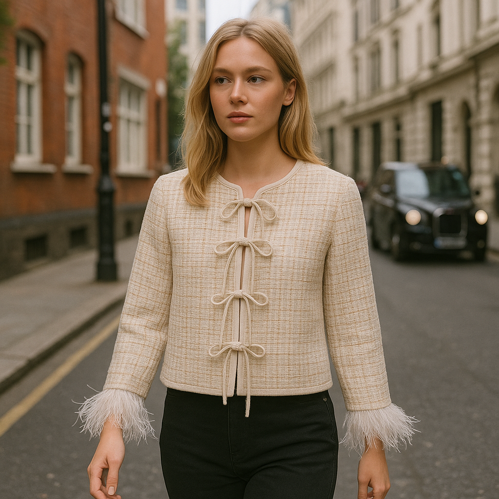 Beige bows and feather-trim cuffs, displayed on a white background.