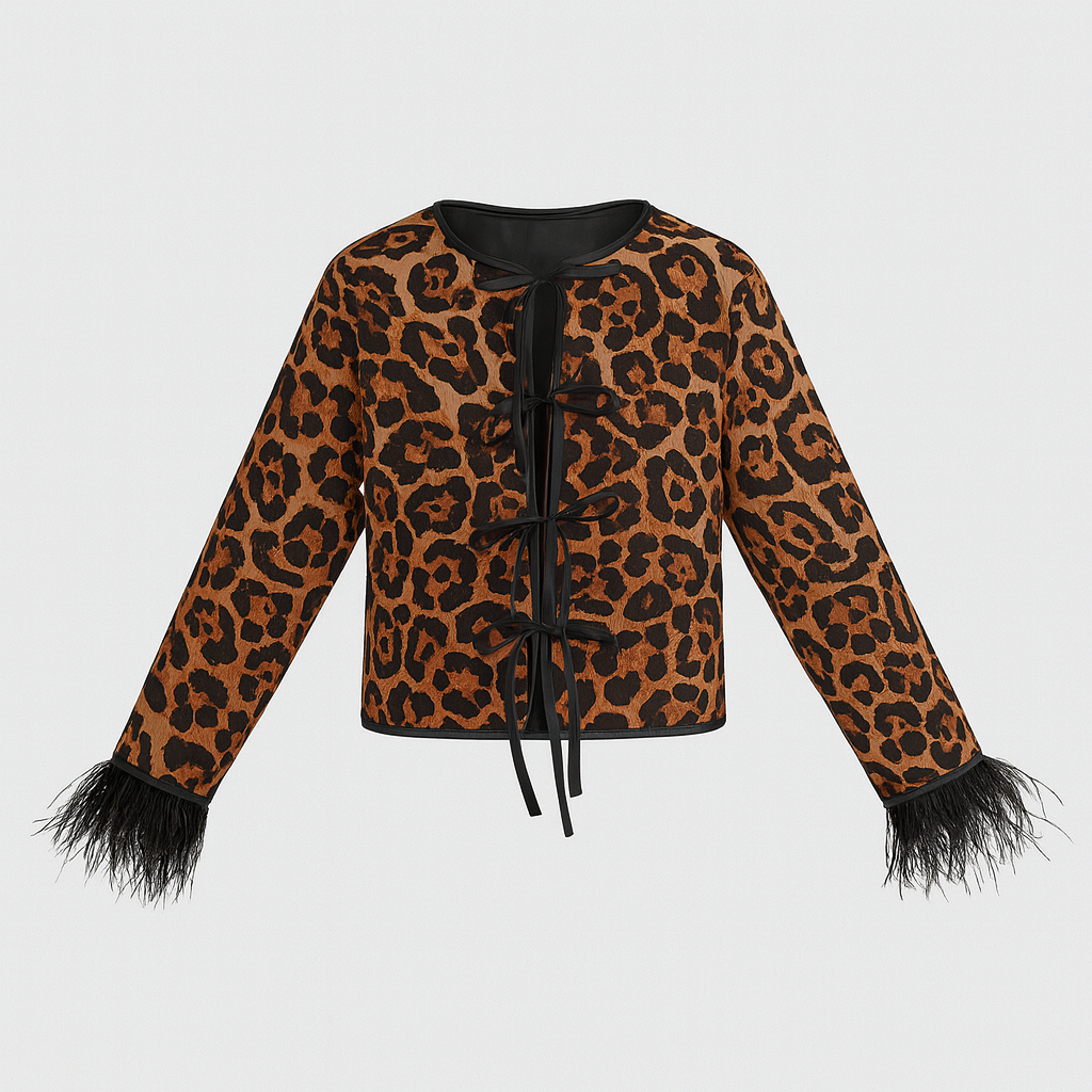 Leopard print top with bow tie closures and feather-trim sleeves.