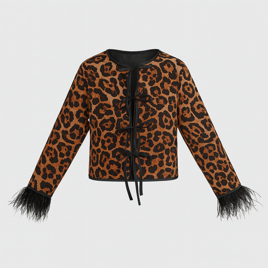 Leopard print top with bow tie closures and feather-trim sleeves.