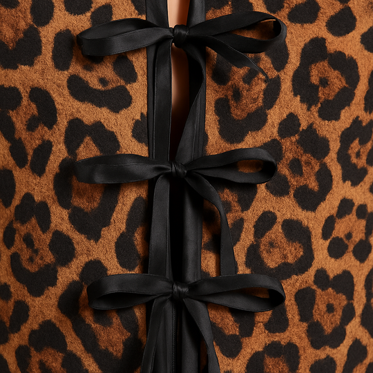 Leopard print top with bow tie closures and feather-trim sleeves.