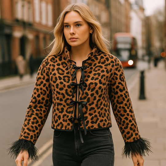 Leopard print top with bow tie closures and feather-trim sleeves.