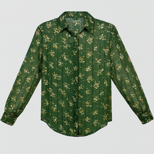 Sheer green button-down blouse with yellow floral print and long sleeves.