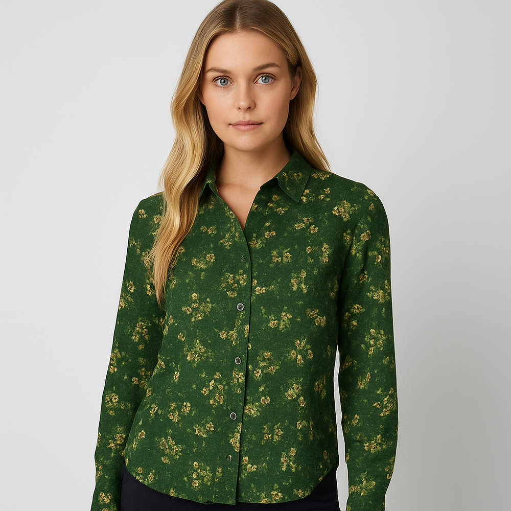 Sheer green button-down blouse with yellow floral print and long sleeves.