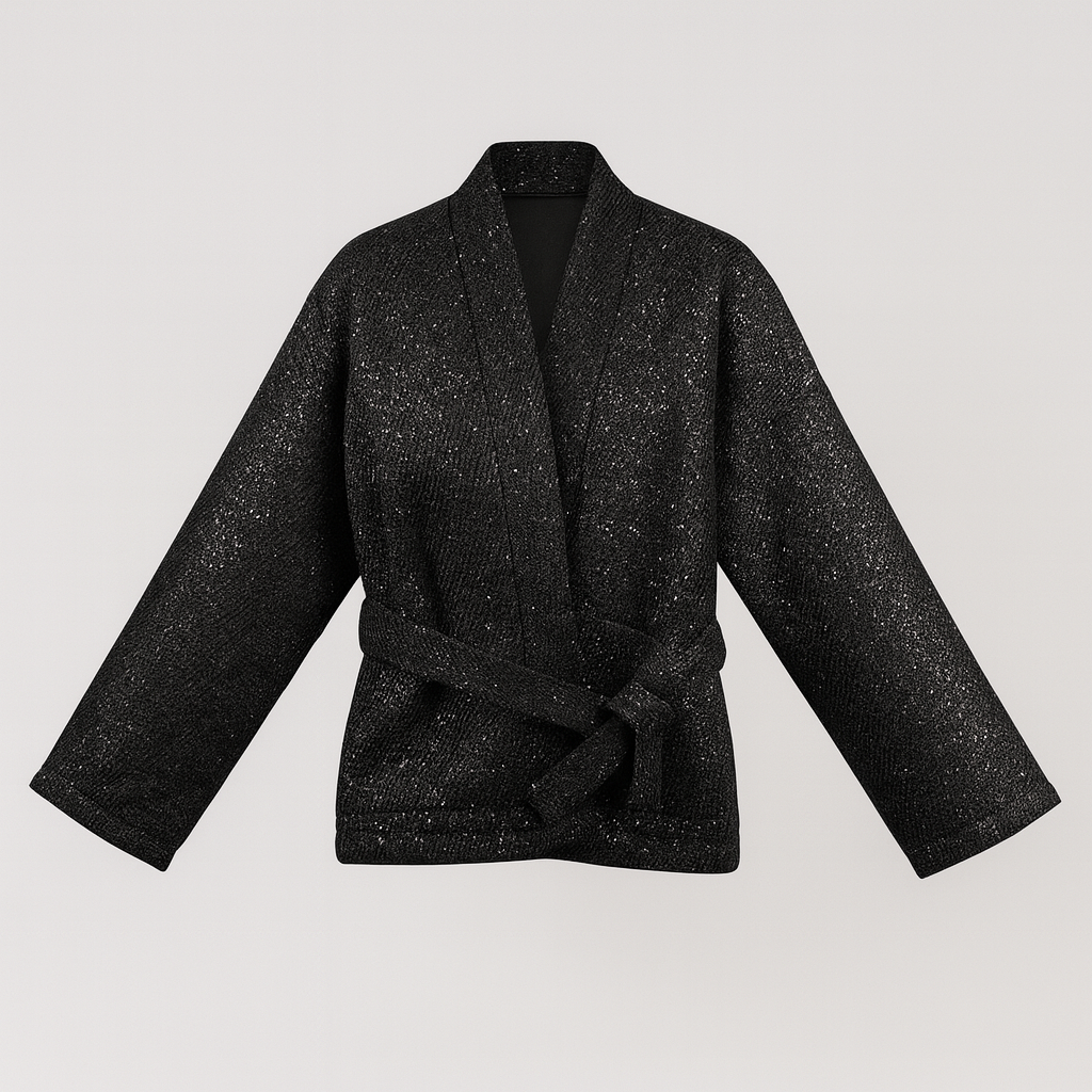 Black sequin kimono-style jacket with wide sleeves and a detachable waist tie, displayed on a white background.