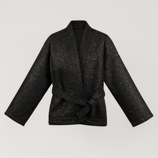 Black sequin kimono-style jacket with wide sleeves and a detachable waist tie, displayed on a white background.