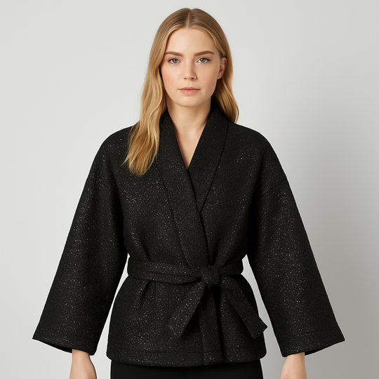 Black sequin kimono-style jacket with wide sleeves and a detachable waist tie, displayed on a white background.
