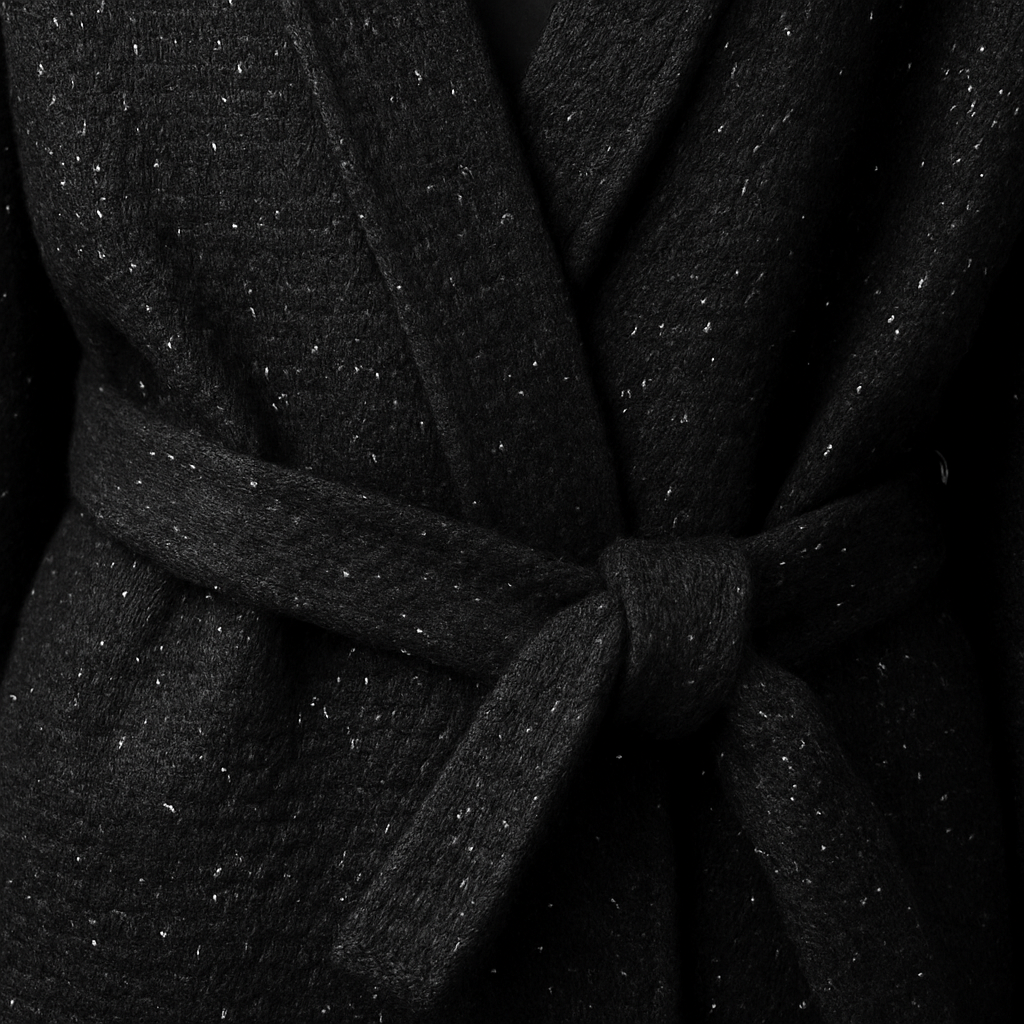 Black sequin kimono-style jacket with wide sleeves and a detachable waist tie, displayed on a white background.