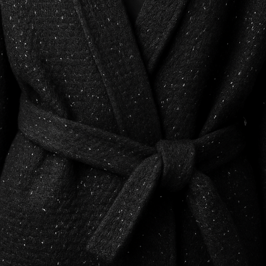Black sequin kimono-style jacket with wide sleeves and a detachable waist tie, displayed on a white background.