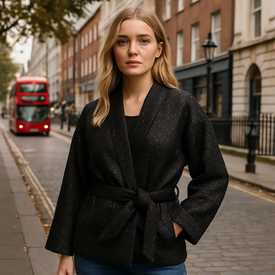 Black sequin kimono-style jacket with wide sleeves and a detachable waist tie, displayed on a white background.